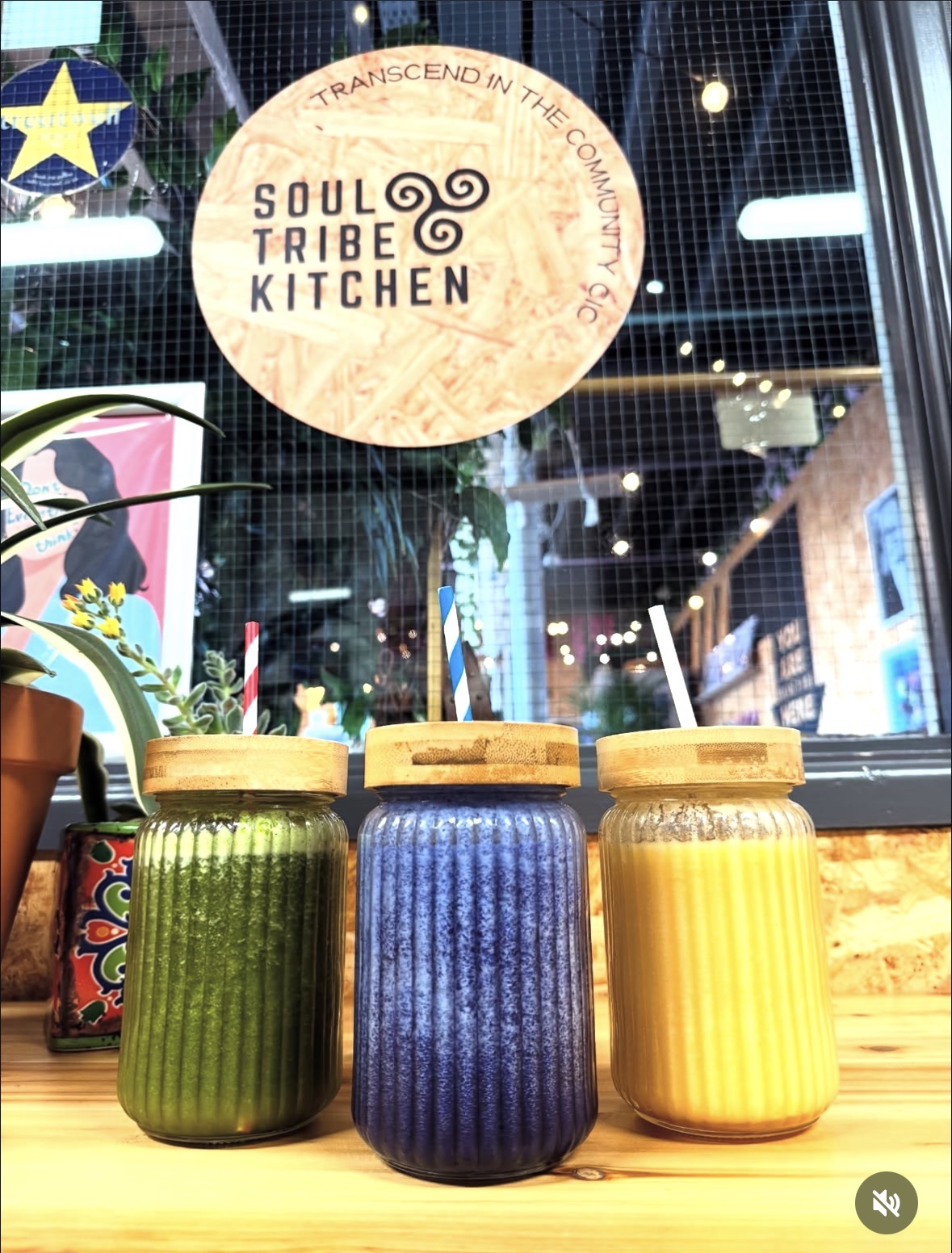Three colourful smoothies in glass jars by the window