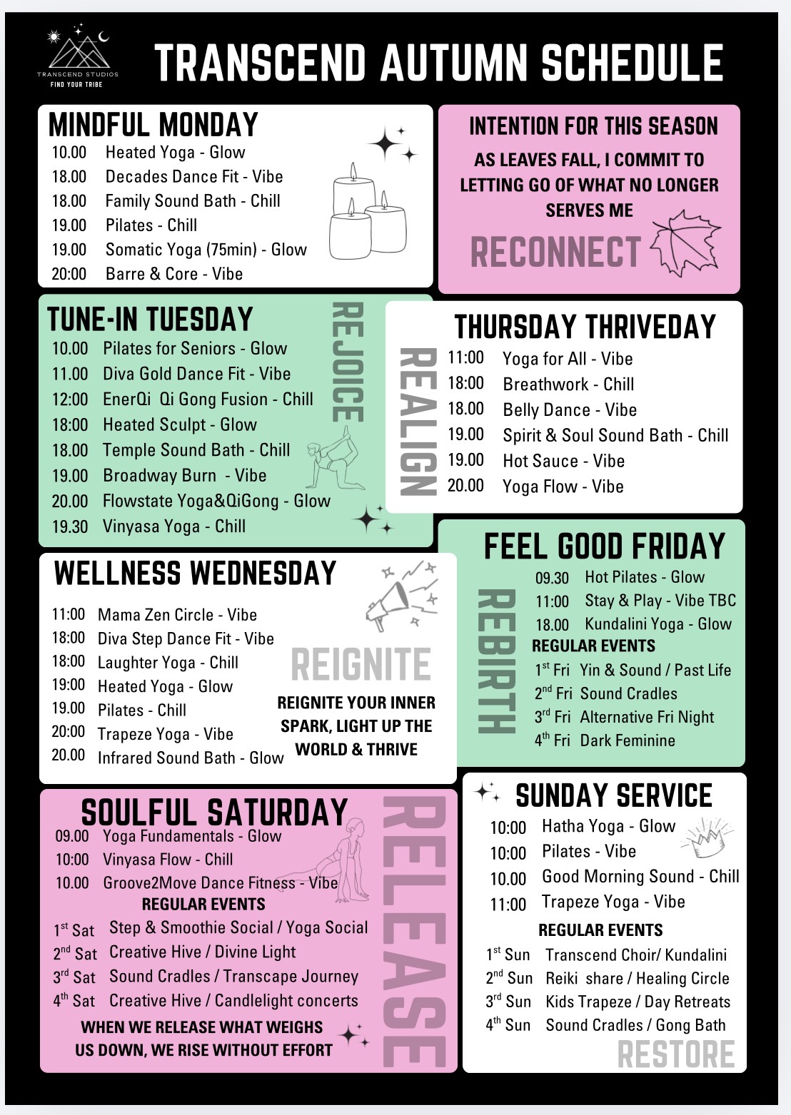 Transcend Studios weekly class timetable — yoga, Pilates, dance fitness and sound sessions in Eccles, Salford
