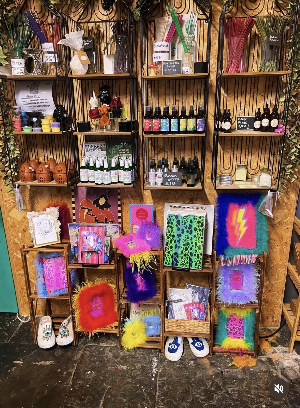 Shelves of incense, oils, room sprays and colourful handmade gifts
