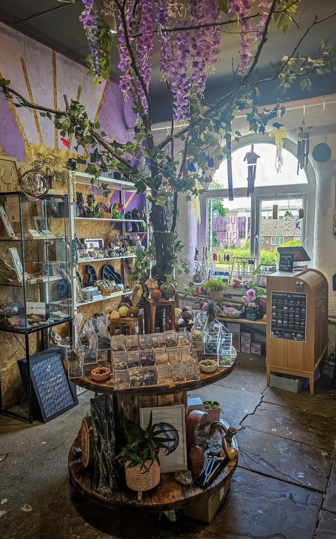 Moonchi crystal shop with wisteria tree and gemstone displays