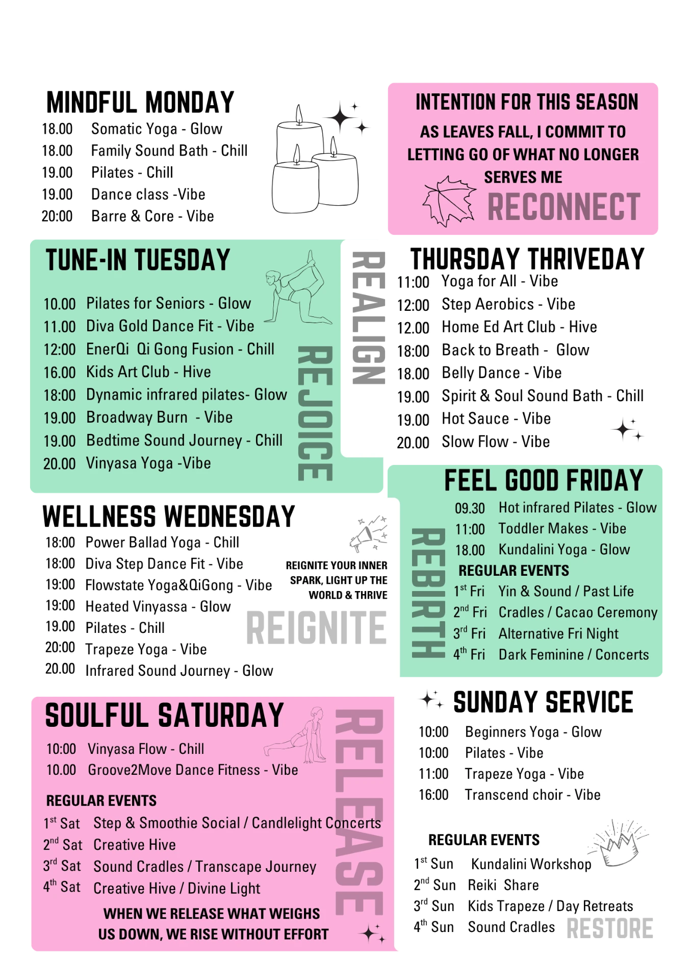 Transcend Studios weekly Autumn class timetable - classes and regular events from Monday to Sunday in Eccles, Salford